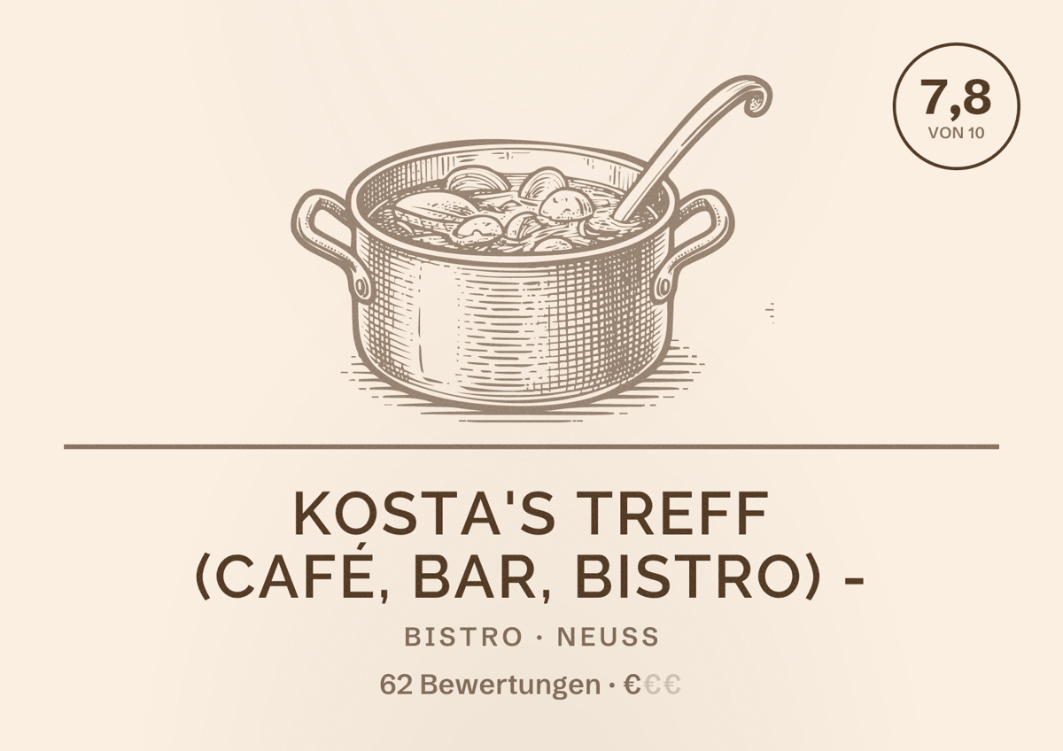 Illustriertes Poster von Kosta's Treff (Café, Bar, Bistro) -, Bistro in Neuss: Bewertung 7,8 von 10 aus 62 Bewertungen, Preisniveau €