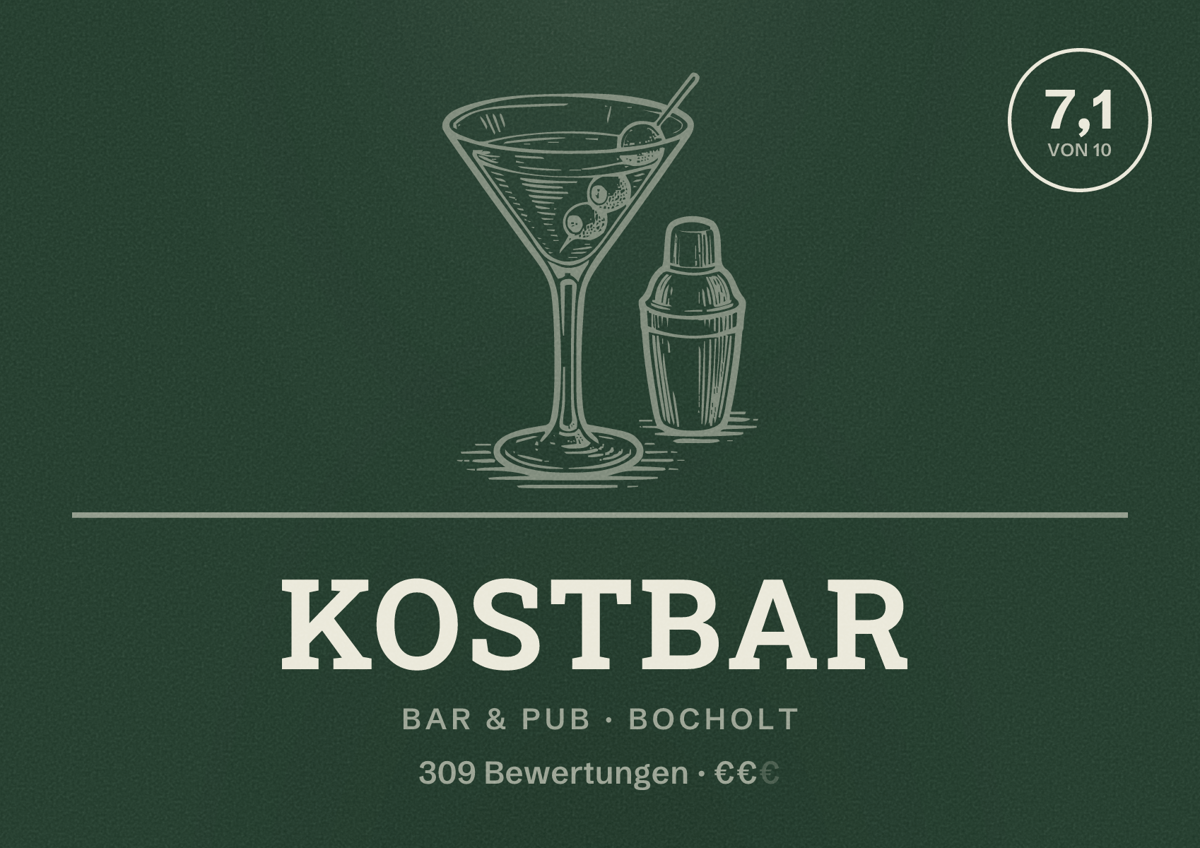 Illustriertes Poster von KOSTBAR, Bar & Pub in Bocholt: Bewertung 7,1 von 10 aus 309 Bewertungen, Preisniveau €€