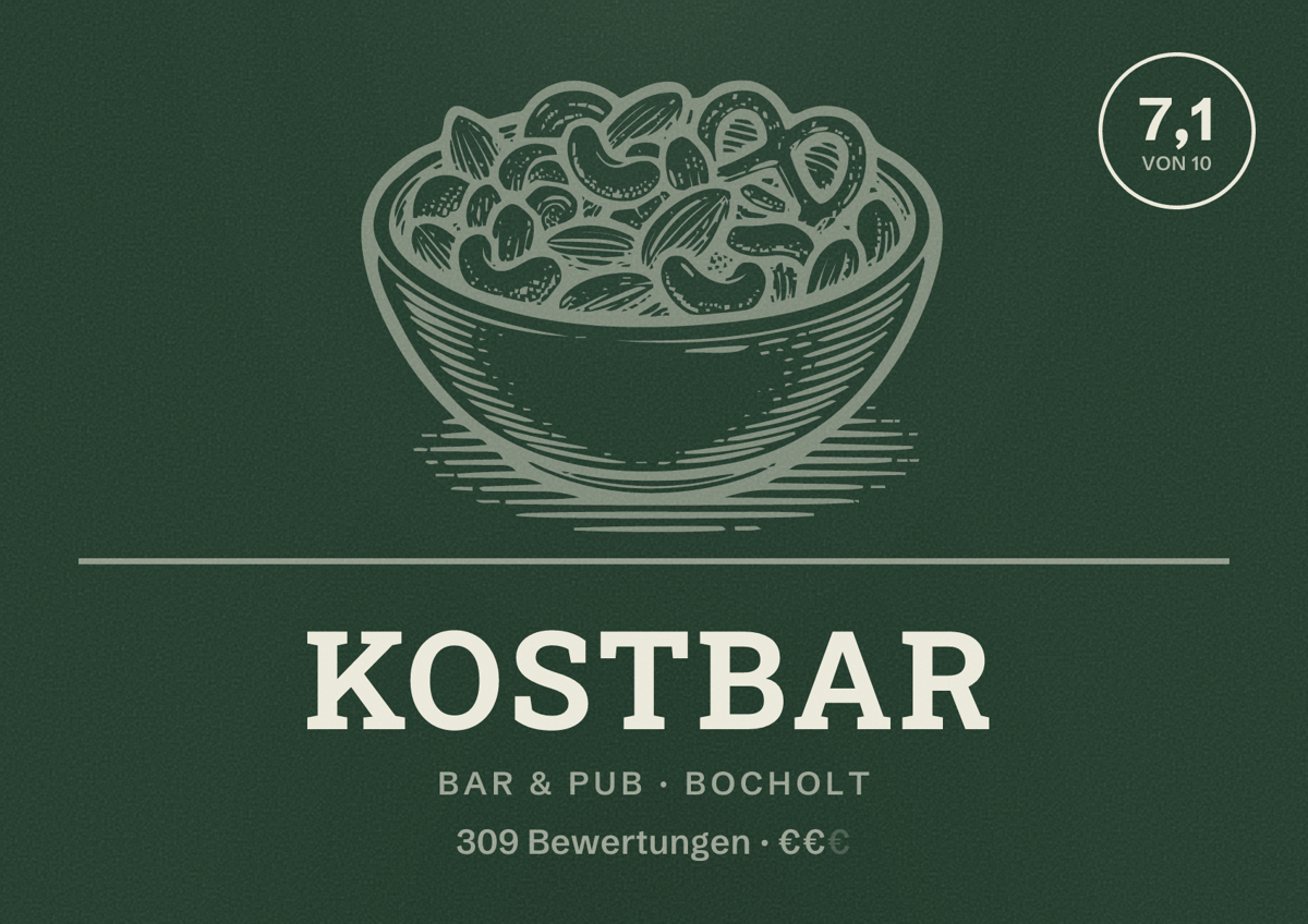 Illustriertes Poster von KOSTBAR, Bar & Pub in Bocholt: Bewertung 7,1 von 10 aus 309 Bewertungen, Preisniveau €€