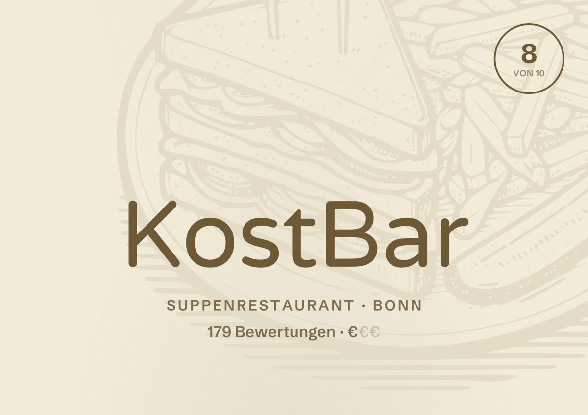 Illustriertes Poster von KostBar, Suppenrestaurant in Bonn: Bewertung 8 von 10 aus 179 Bewertungen, Preisniveau €