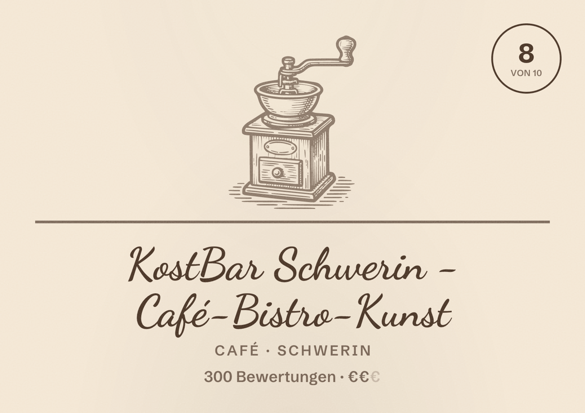 Illustriertes Poster von KostBar Schwerin - Café-Bistro-Kunst, Café in Schwerin: Bewertung 8 von 10 aus 300 Bewertungen, Preisniveau €€