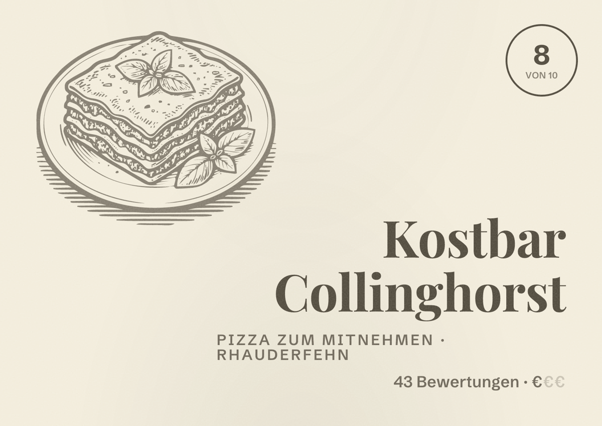 Illustriertes Poster von Kostbar Collinghorst, Pizza zum Mitnehmen in Rhauderfehn: Bewertung 8 von 10 aus 43 Bewertungen, Preisniveau €