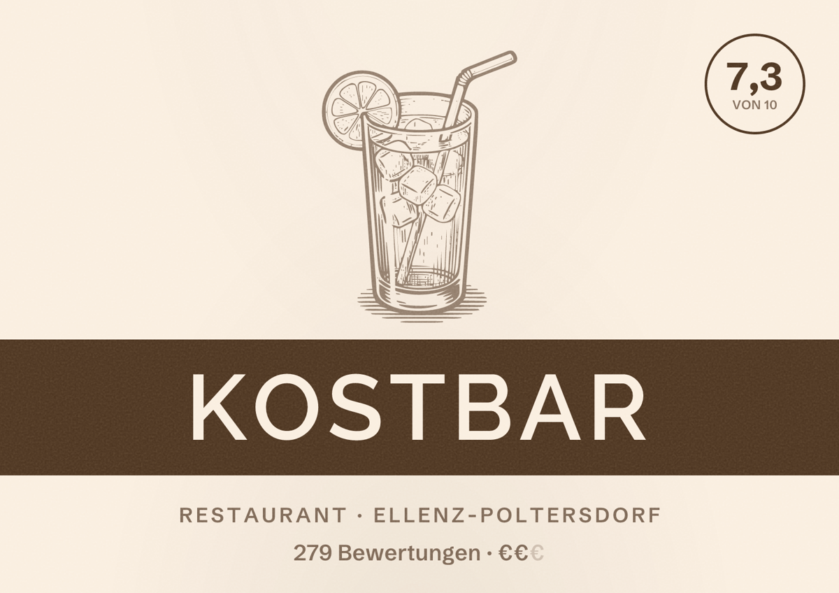 Illustriertes Poster von KostBAR, Restaurant in Ellenz-Poltersdorf: Bewertung 7,3 von 10 aus 279 Bewertungen, Preisniveau €€