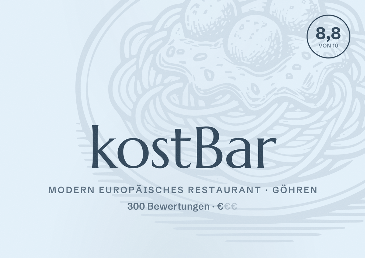 Illustriertes Poster von kostBar, Modern europäisches Restaurant in Göhren: Bewertung 8,8 von 10 aus 300 Bewertungen, Preisniveau €