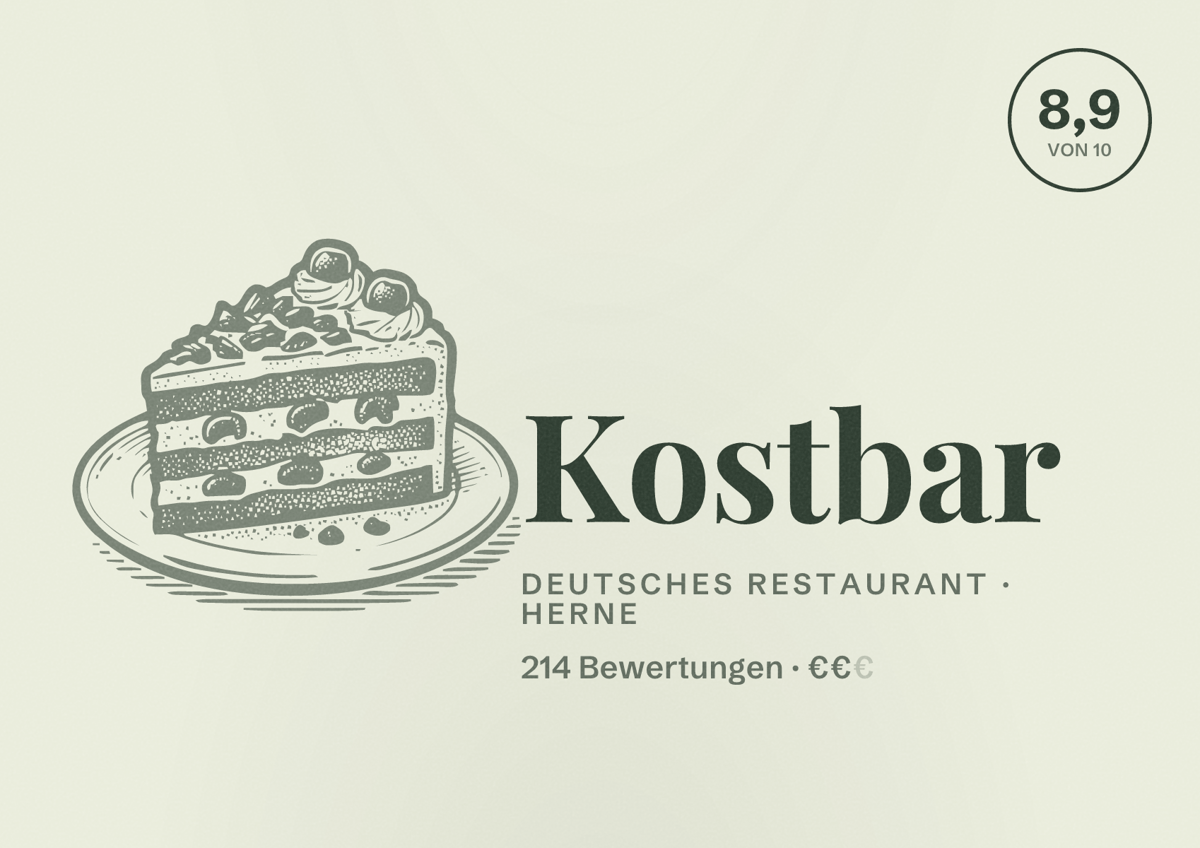 Illustriertes Poster von Kostbar, Deutsches Restaurant in Herne: Bewertung 8,9 von 10 aus 214 Bewertungen, Preisniveau €€