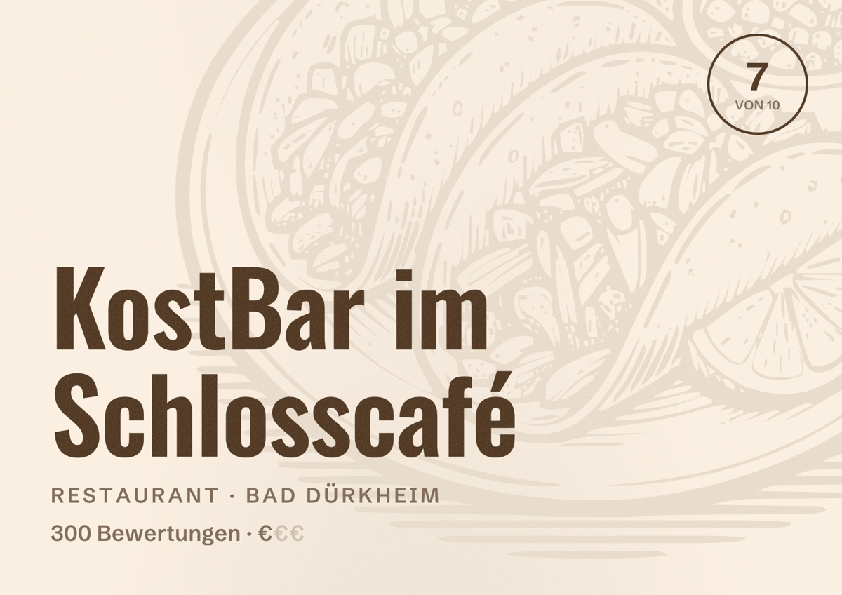 Illustriertes Poster von KostBar im Schlosscafé, Restaurant in Bad Dürkheim: Bewertung 7 von 10 aus 300 Bewertungen, Preisniveau €