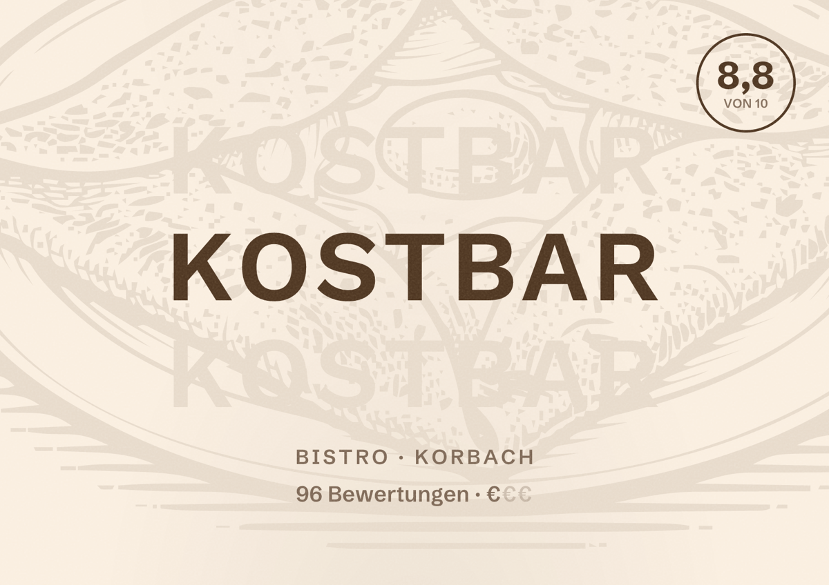 Illustriertes Poster von KostBar, Bistro in Korbach: Bewertung 8,8 von 10 aus 96 Bewertungen, Preisniveau €