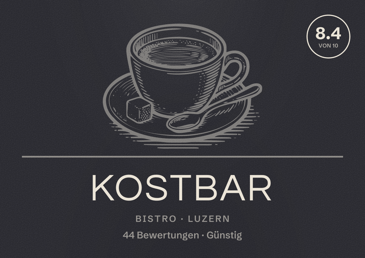 Illustriertes Poster von kostbar, Bistro in Luzern: Bewertung 8.4 von 10 aus 44 Bewertungen, Preisniveau Günstig