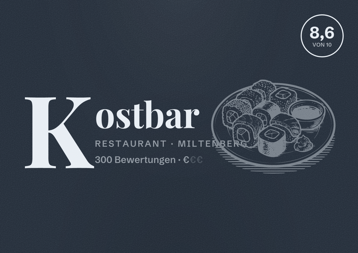 Illustriertes Poster von Kostbar, Restaurant in Miltenberg: Bewertung 8,6 von 10 aus 300 Bewertungen, Preisniveau €