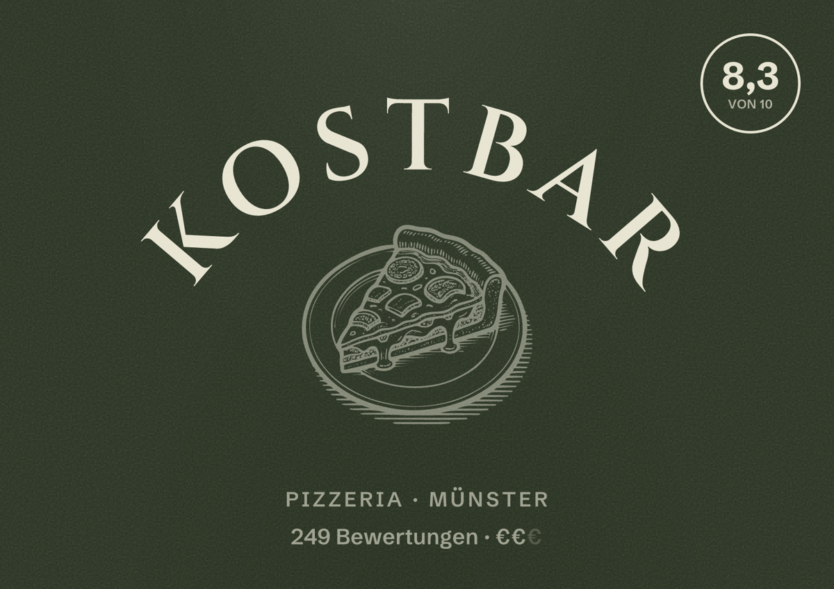 Illustriertes Poster von Kostbar, Pizzeria in Münster: Bewertung 8,3 von 10 aus 249 Bewertungen, Preisniveau €€