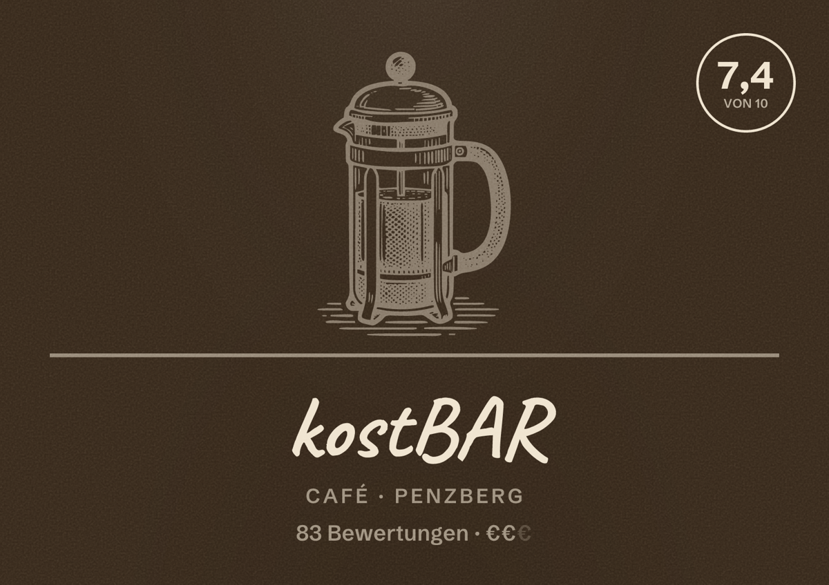 Illustriertes Poster von kostBAR, Café in Penzberg: Bewertung 7,4 von 10 aus 83 Bewertungen, Preisniveau €€