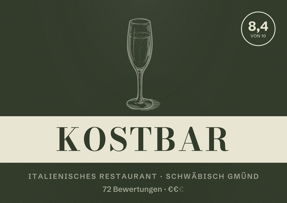 Illustriertes Poster von Kostbar, Italienisches Restaurant in Schwäbisch Gmünd: Bewertung 8,4 von 10 aus 72 Bewertungen, Preisniveau €€