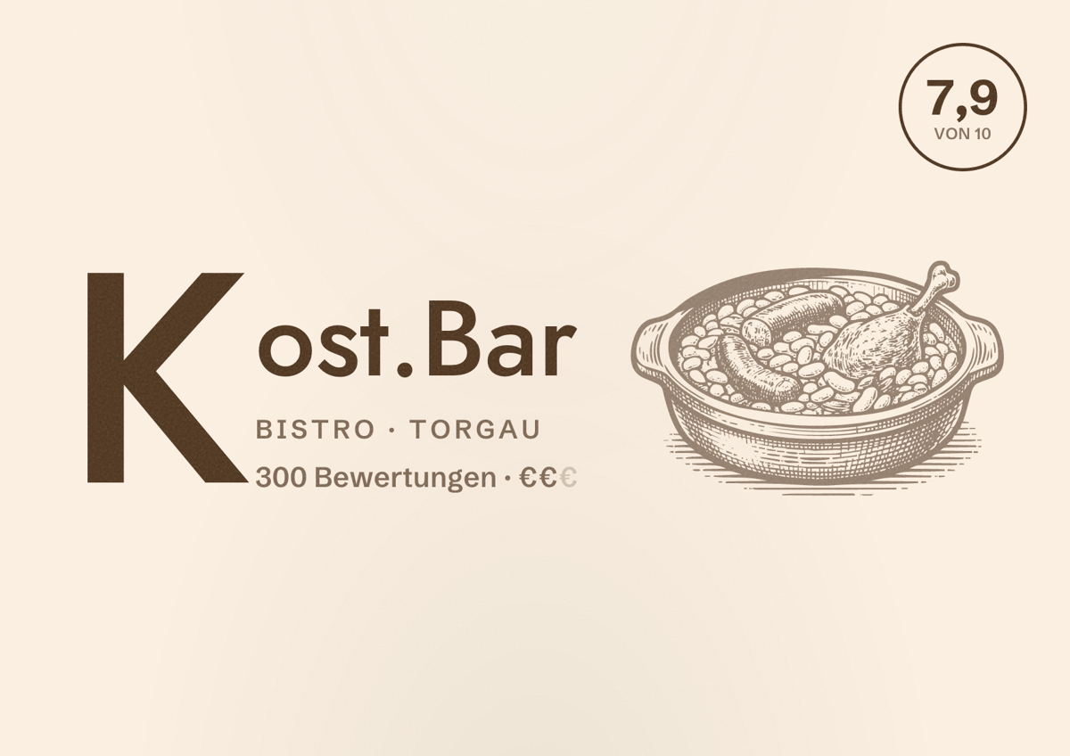 Illustriertes Poster von Kost.Bar, Bistro in Torgau: Bewertung 7,9 von 10 aus 300 Bewertungen, Preisniveau €€
