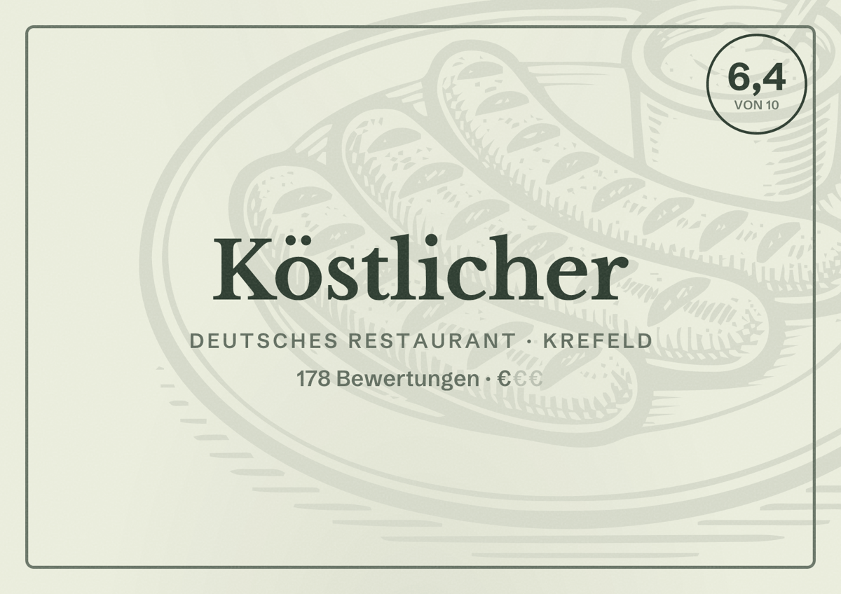 Illustriertes Poster von Köstlicher, Deutsches Restaurant in Krefeld: Bewertung 6,4 von 10 aus 178 Bewertungen, Preisniveau €