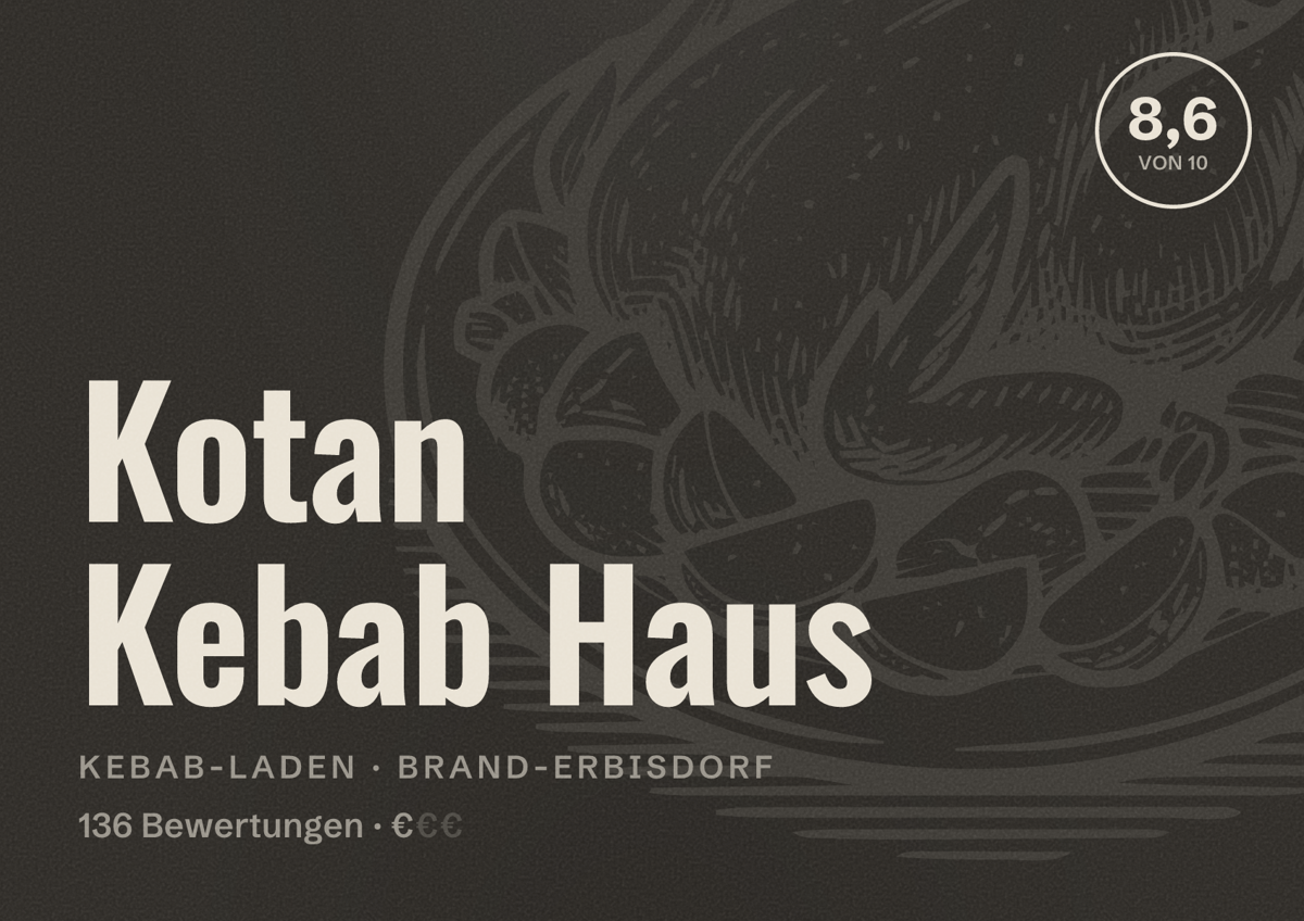 Illustriertes Poster von Kotan Kebab Haus, Kebab-Laden in Brand-Erbisdorf: Bewertung 8,6 von 10 aus 136 Bewertungen, Preisniveau €