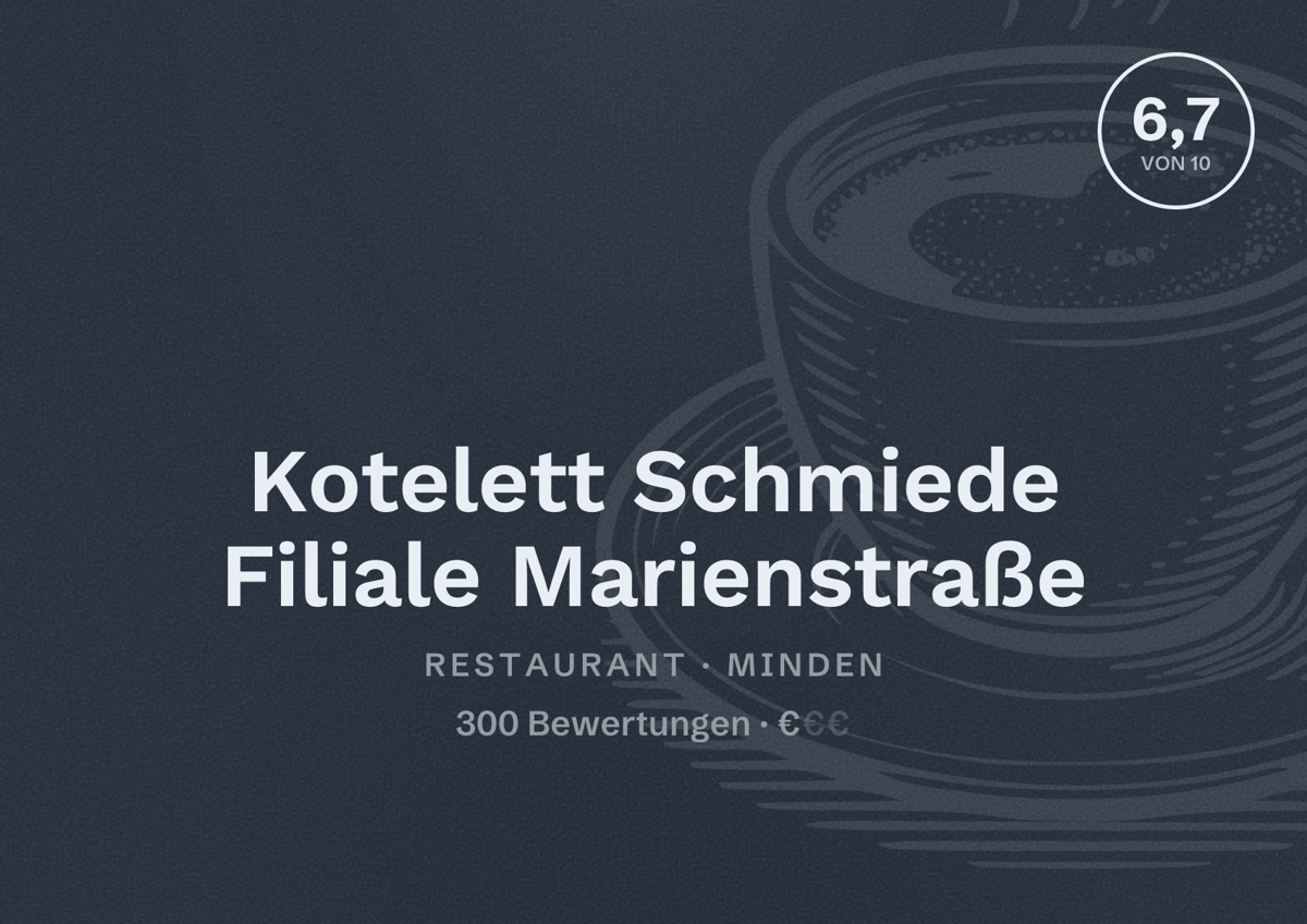 Illustriertes Poster von Kotelett Schmiede Filiale Marienstraße, Restaurant in Minden: Bewertung 6,7 von 10 aus 300 Bewertungen, Preisniveau €