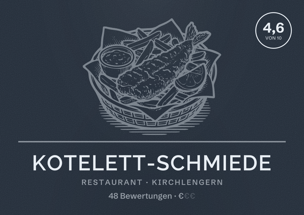 Illustriertes Poster von Kotelett-Schmiede, Restaurant in Kirchlengern: Bewertung 4,6 von 10 aus 48 Bewertungen, Preisniveau €