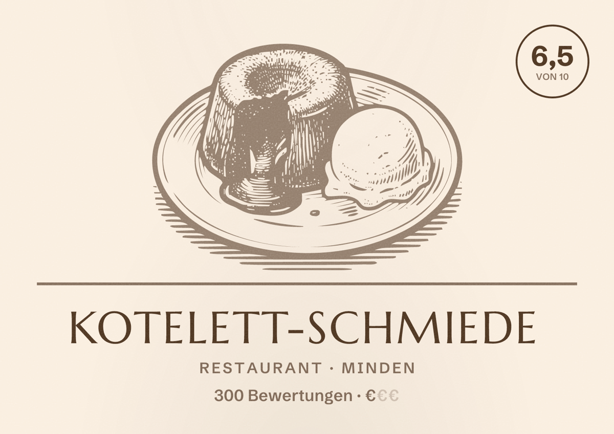 Illustriertes Poster von Kotelett-Schmiede, Restaurant in Minden: Bewertung 6,5 von 10 aus 300 Bewertungen, Preisniveau €
