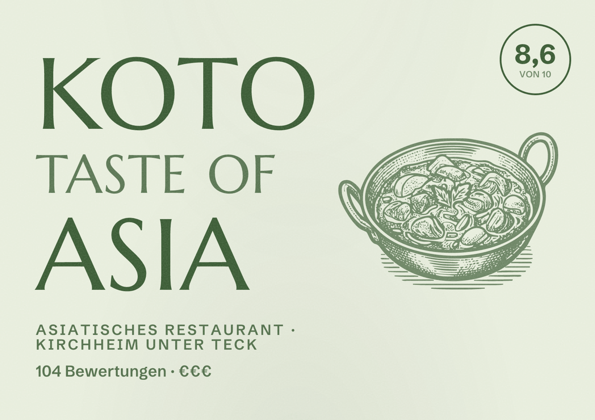 Illustriertes Poster von Koto Taste of Asia, Asiatisches Restaurant in Kirchheim unter Teck: Bewertung 8,6 von 10 aus 104 Bewertungen, Preisniveau €€€