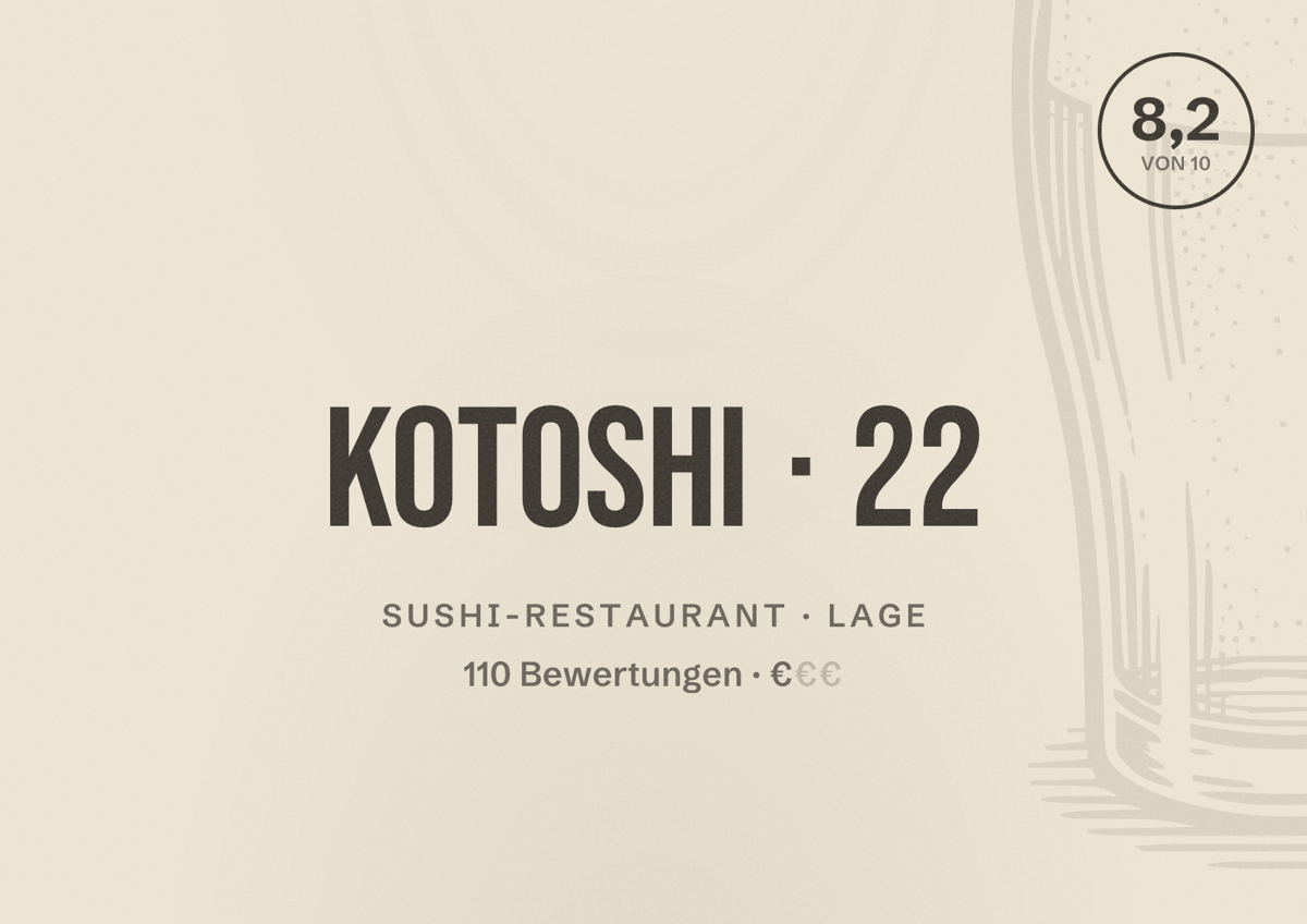 Illustriertes Poster von Kotoshi 22, Sushi-Restaurant in Lage: Bewertung 8,2 von 10 aus 110 Bewertungen, Preisniveau €