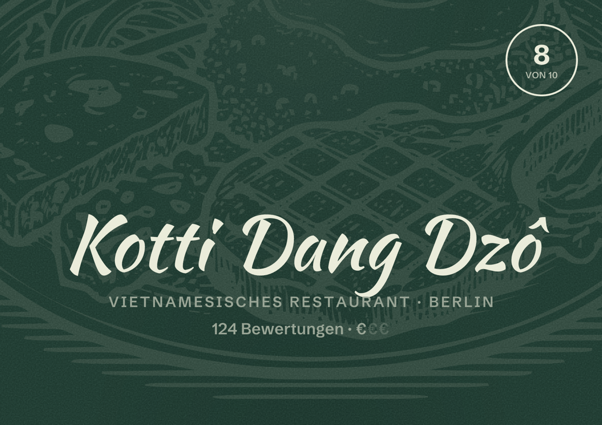 Illustriertes Poster von Kotti Dang Dzô, Vietnamesisches Restaurant in Berlin: Bewertung 8,0 von 10 aus 124 Bewertungen, Preisniveau €