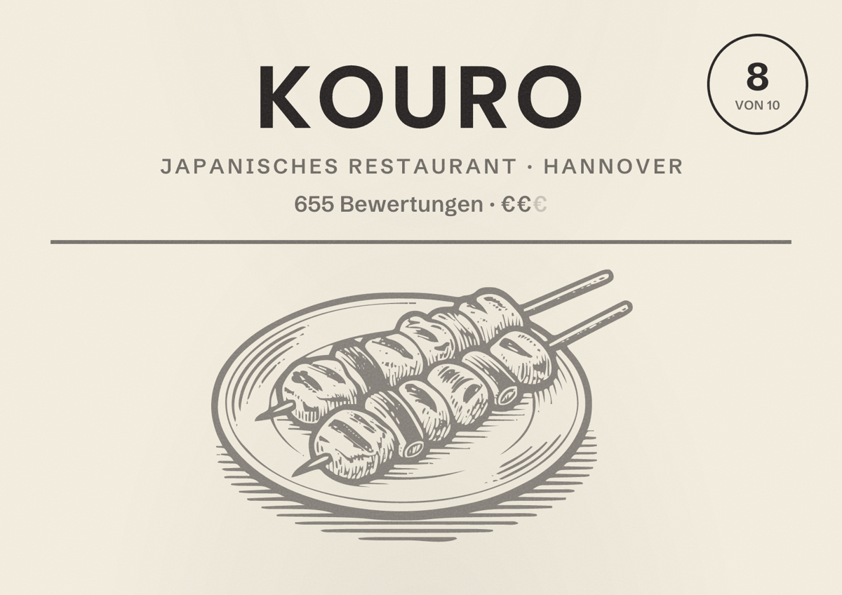 Illustriertes Poster von KOURO, Japanisches Restaurant in Hannover: Bewertung 8,0 von 10 aus 655 Bewertungen, Preisniveau €€