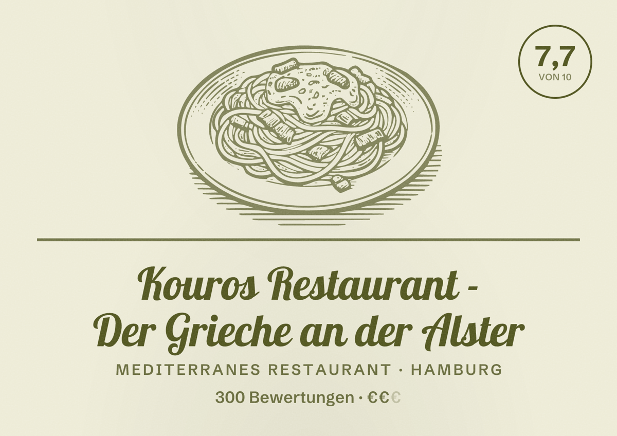 Illustriertes Poster von Kouros Restaurant - Der Grieche an der Alster, Mediterranes Restaurant in Hamburg: Bewertung 7,7 von 10 aus 300 Bewertungen, Preisniveau €€