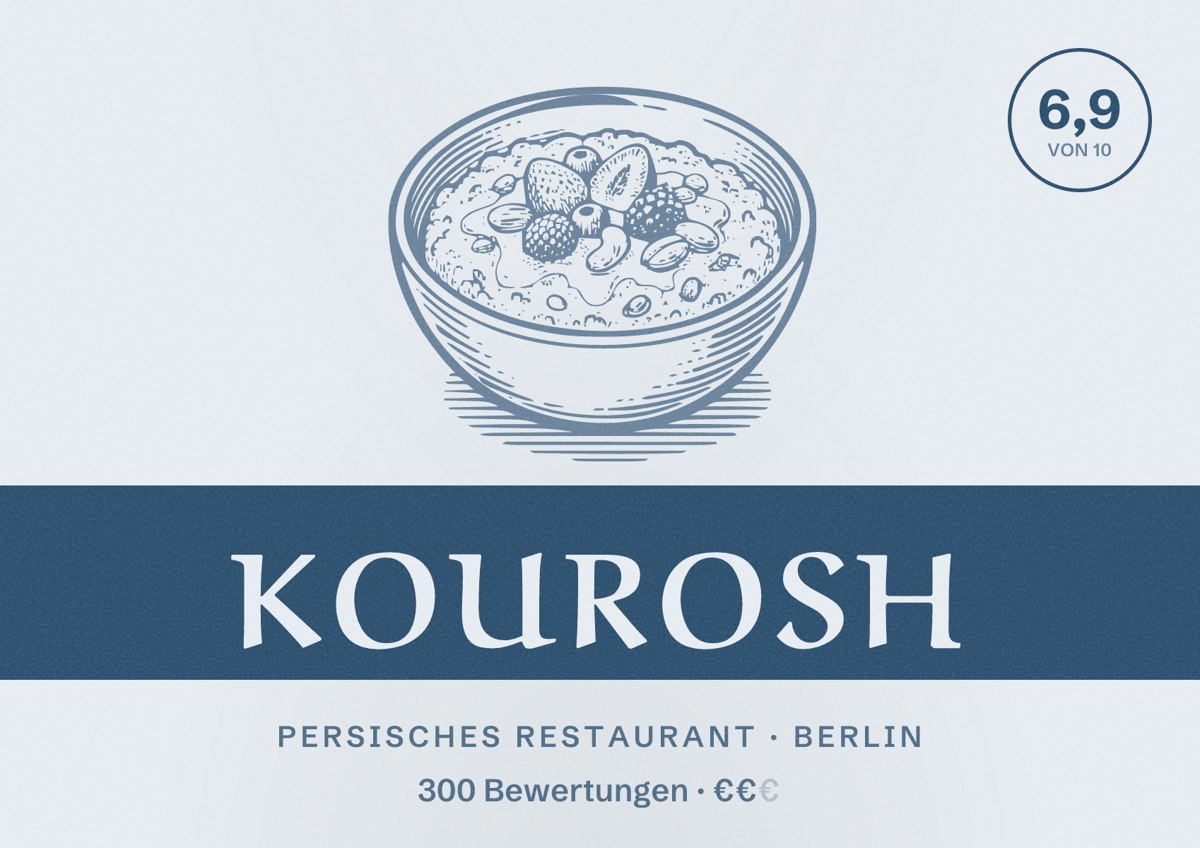 Illustriertes Poster von Kourosh, Persisches Restaurant in Berlin: Bewertung 6,9 von 10 aus 300 Bewertungen, Preisniveau €€