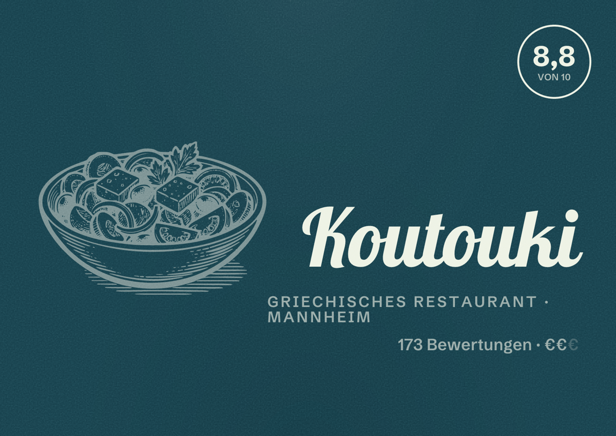 Illustriertes Poster von Koutouki, Griechisches Restaurant in Mannheim: Bewertung 8,8 von 10 aus 173 Bewertungen, Preisniveau €€