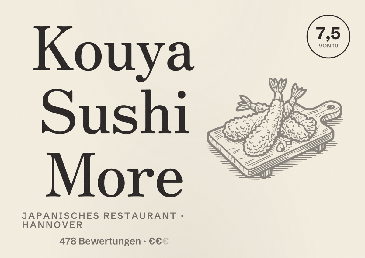 Illustriertes Poster von Kouya Sushi More, Japanisches Restaurant in Hannover: Bewertung 7,5 von 10 aus 478 Bewertungen, Preisniveau €€