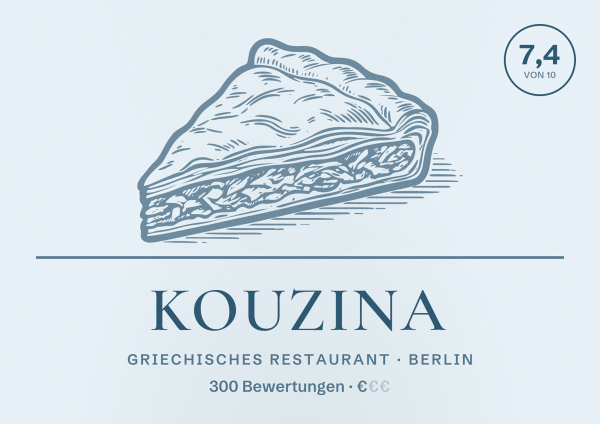 Illustriertes Poster von kouzina, Griechisches Restaurant in Berlin: Bewertung 7,4 von 10 aus 300 Bewertungen, Preisniveau €