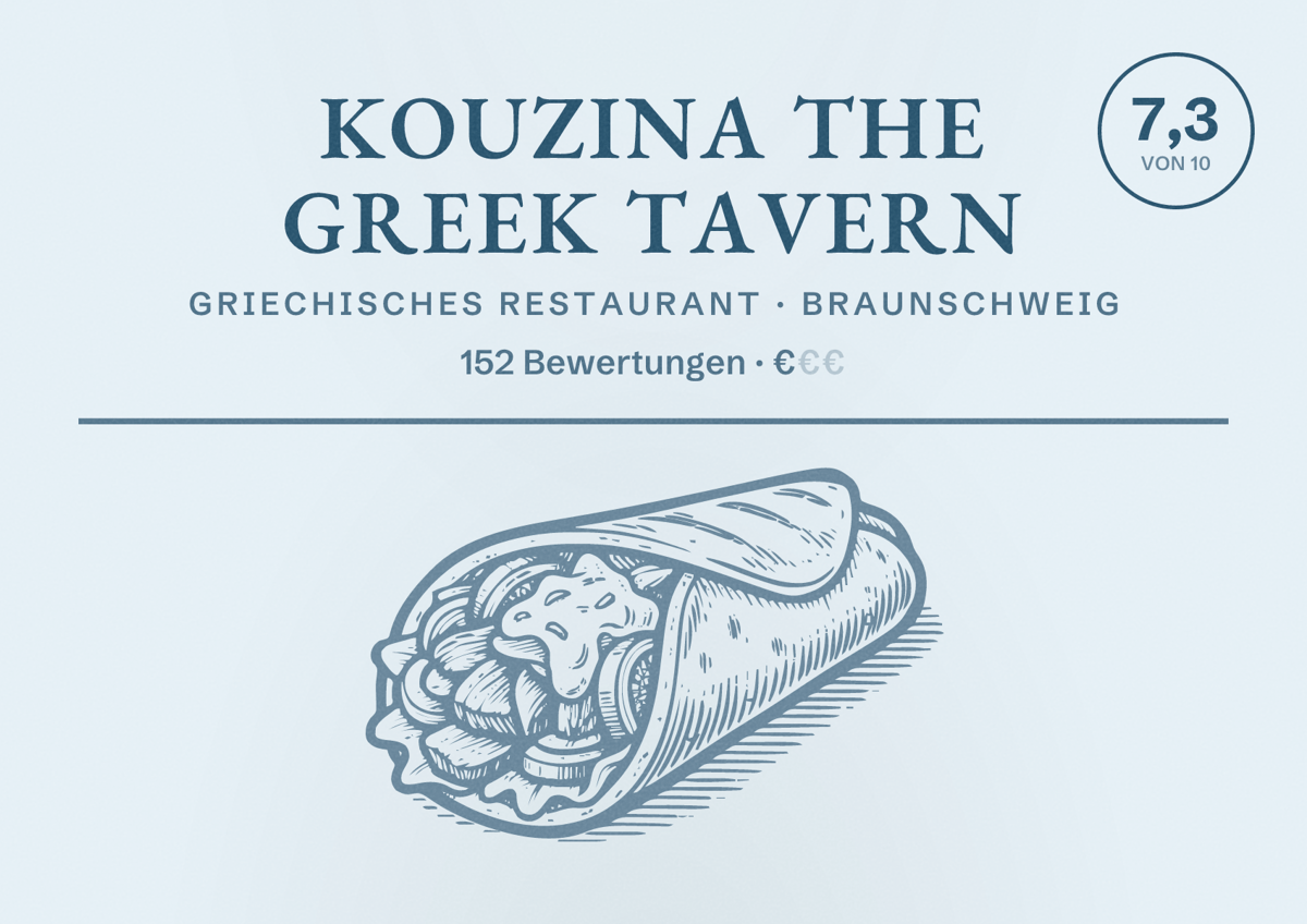 Illustriertes Poster von Kouzina The Greek Tavern, Griechisches Restaurant in Braunschweig: Bewertung 7,3 von 10 aus 152 Bewertungen, Preisniveau €