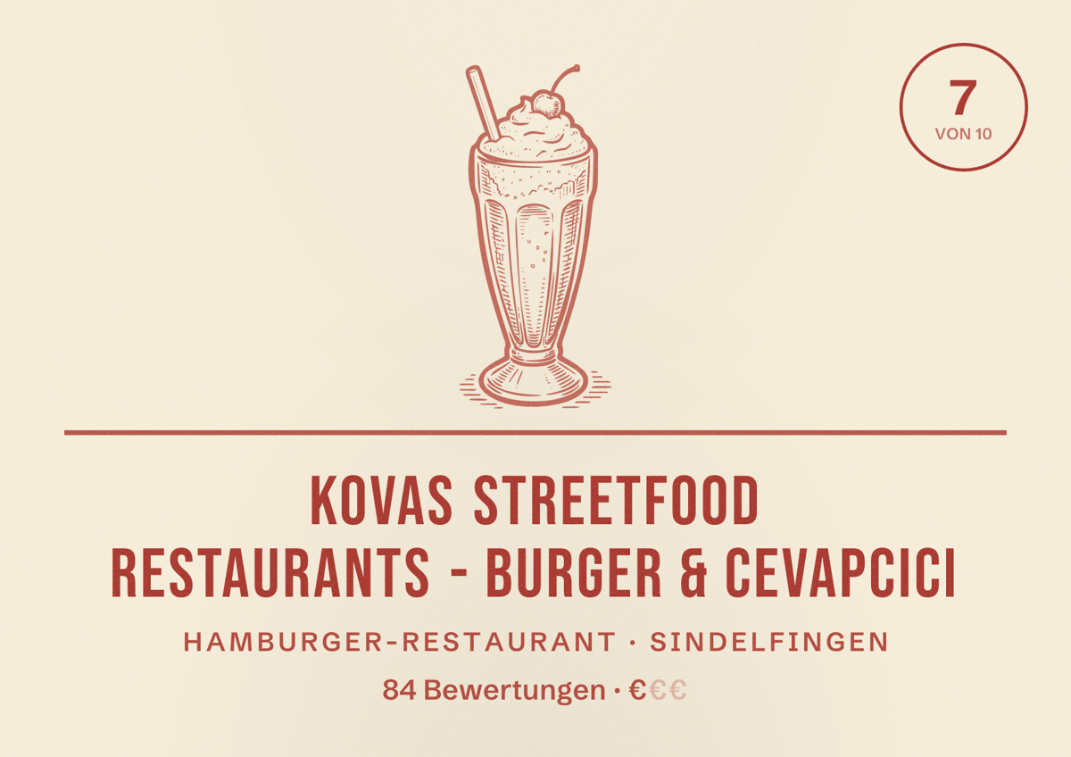 Illustriertes Poster von Kovas Streetfood Restaurants - Burger & Cevapcici, Hamburger-Restaurant in Sindelfingen: Bewertung 7 von 10 aus 84 Bewertungen, Preisniveau €