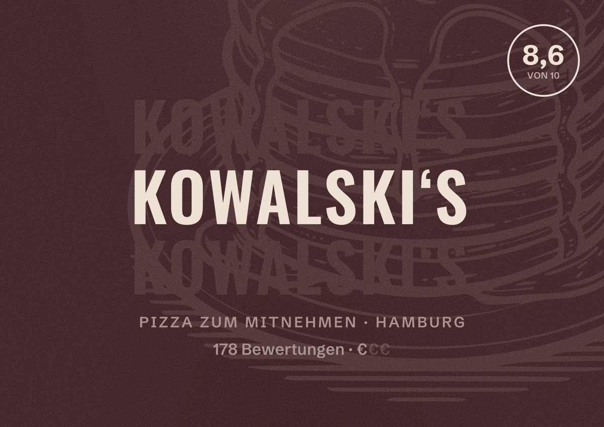 Illustriertes Poster von Kowalski‘s, Pizza zum Mitnehmen in Hamburg: Bewertung 8,6 von 10 aus 178 Bewertungen, Preisniveau €