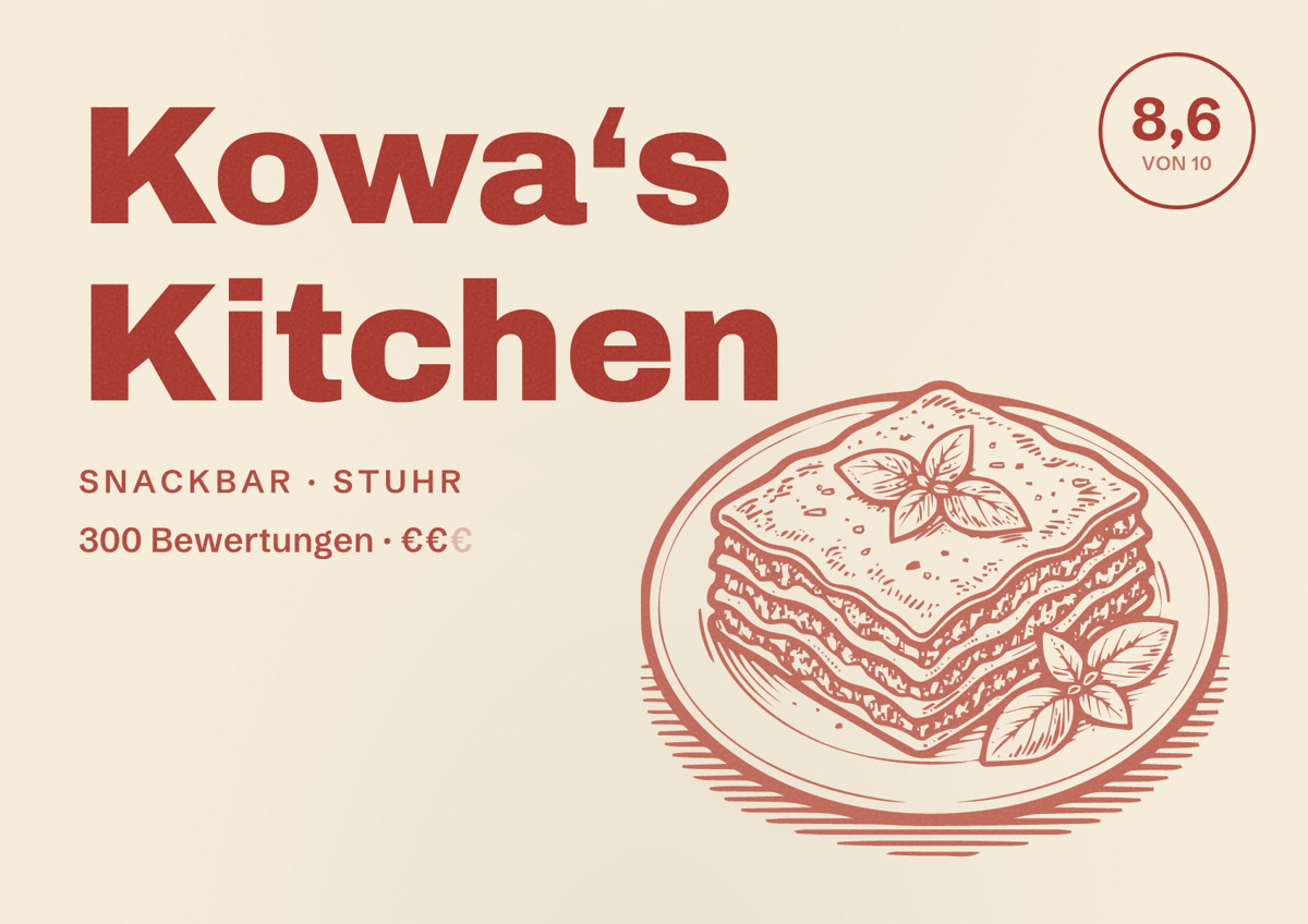 Illustriertes Poster von Kowa‘s Kitchen, Snackbar in Stuhr: Bewertung 8,6 von 10 aus 300 Bewertungen, Preisniveau €€