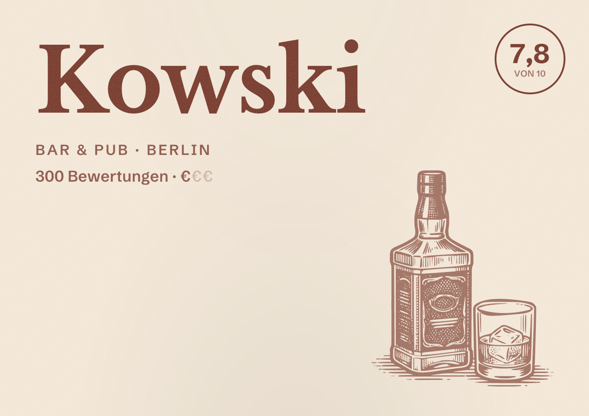 Illustriertes Poster von Kowski, Bar & Pub in Berlin: Bewertung 7,8 von 10 aus 300 Bewertungen, Preisniveau €