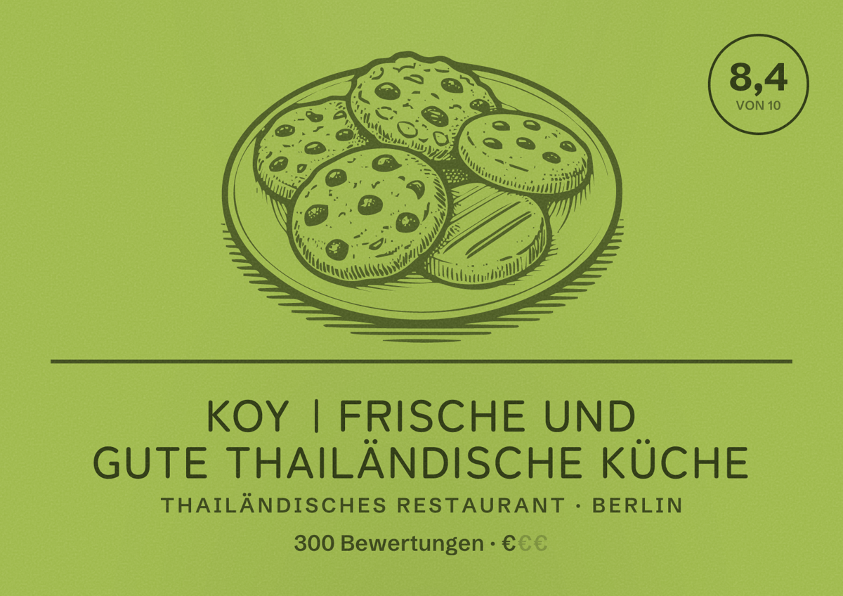 Illustriertes Poster von Koy | frische und gute thailändische Küche, Thailändisches Restaurant in Berlin: Bewertung 8,4 von 10 aus 300 Bewertungen, Preisniveau €