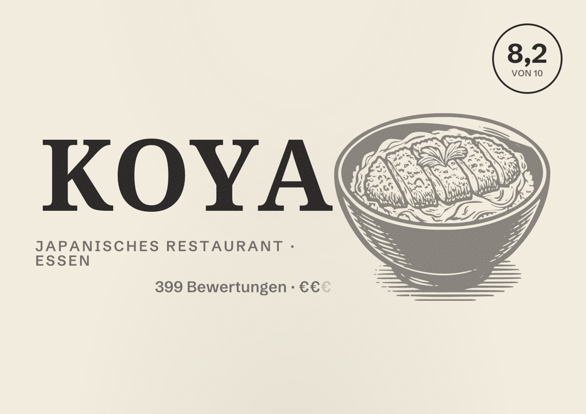 Illustriertes Poster von KOYA, Japanisches Restaurant in Essen: Bewertung 8,2 von 10 aus 399 Bewertungen, Preisniveau €€