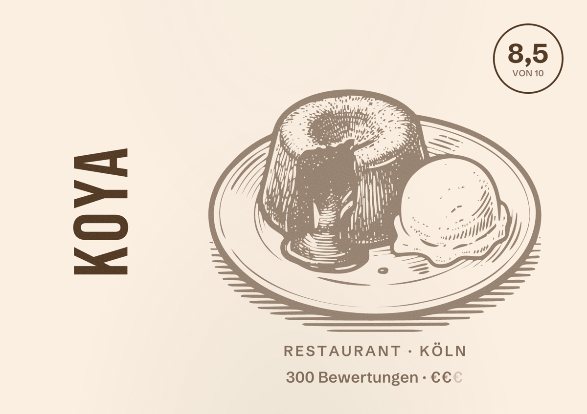 Illustriertes Poster von KOYA, Restaurant in Köln: Bewertung 8,5 von 10 aus 300 Bewertungen, Preisniveau €€