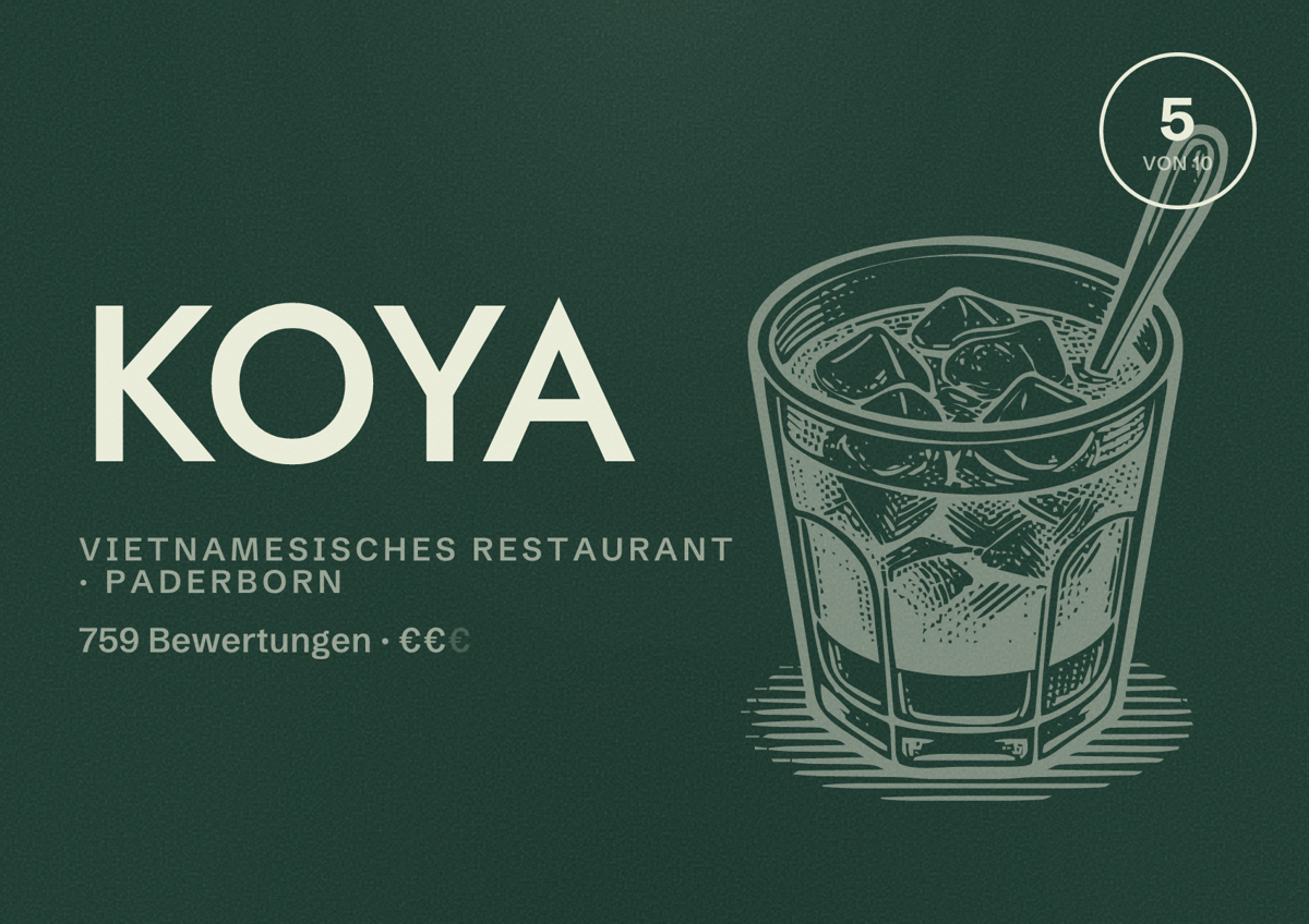 Illustriertes Poster von KOYA, Vietnamesisches Restaurant in Paderborn: Bewertung 5,0 von 10 aus 759 Bewertungen, Preisniveau €€