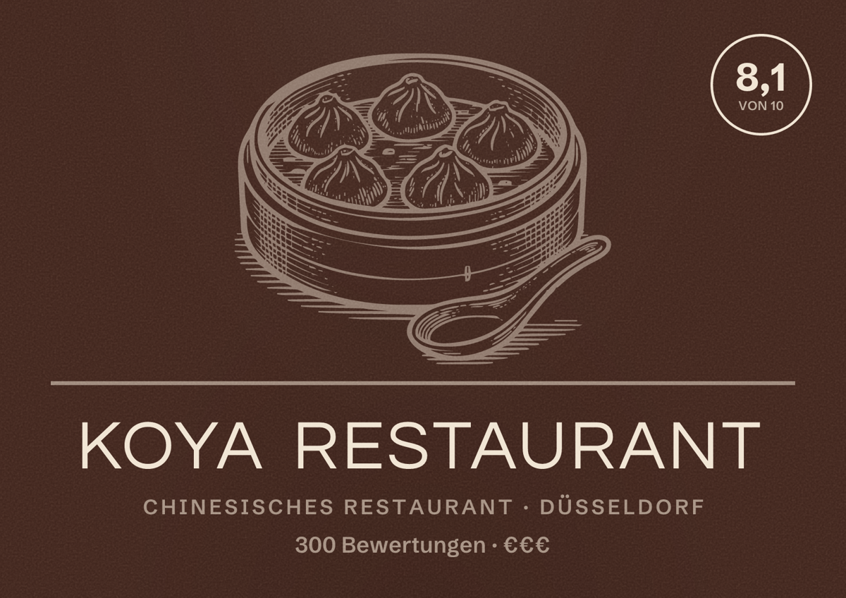 Illustriertes Poster von Koya Restaurant, Chinesisches Restaurant in Düsseldorf: Bewertung 8,1 von 10 aus 300 Bewertungen, Preisniveau €€€