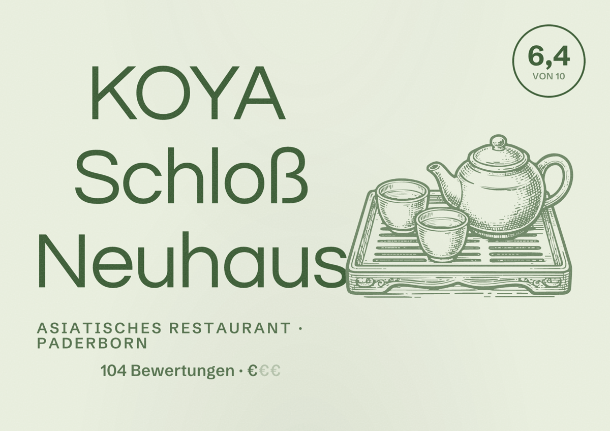Illustriertes Poster von KOYA Schloß Neuhaus, Asiatisches Restaurant in Paderborn: Bewertung 6,4 von 10 aus 104 Bewertungen, Preisniveau €