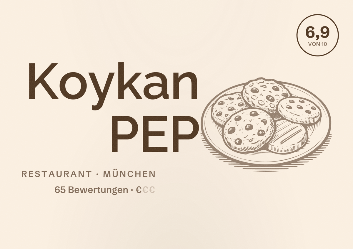 Illustriertes Poster von Koykan PEP, Restaurant in München: Bewertung 6,9 von 10 aus 65 Bewertungen, Preisniveau €