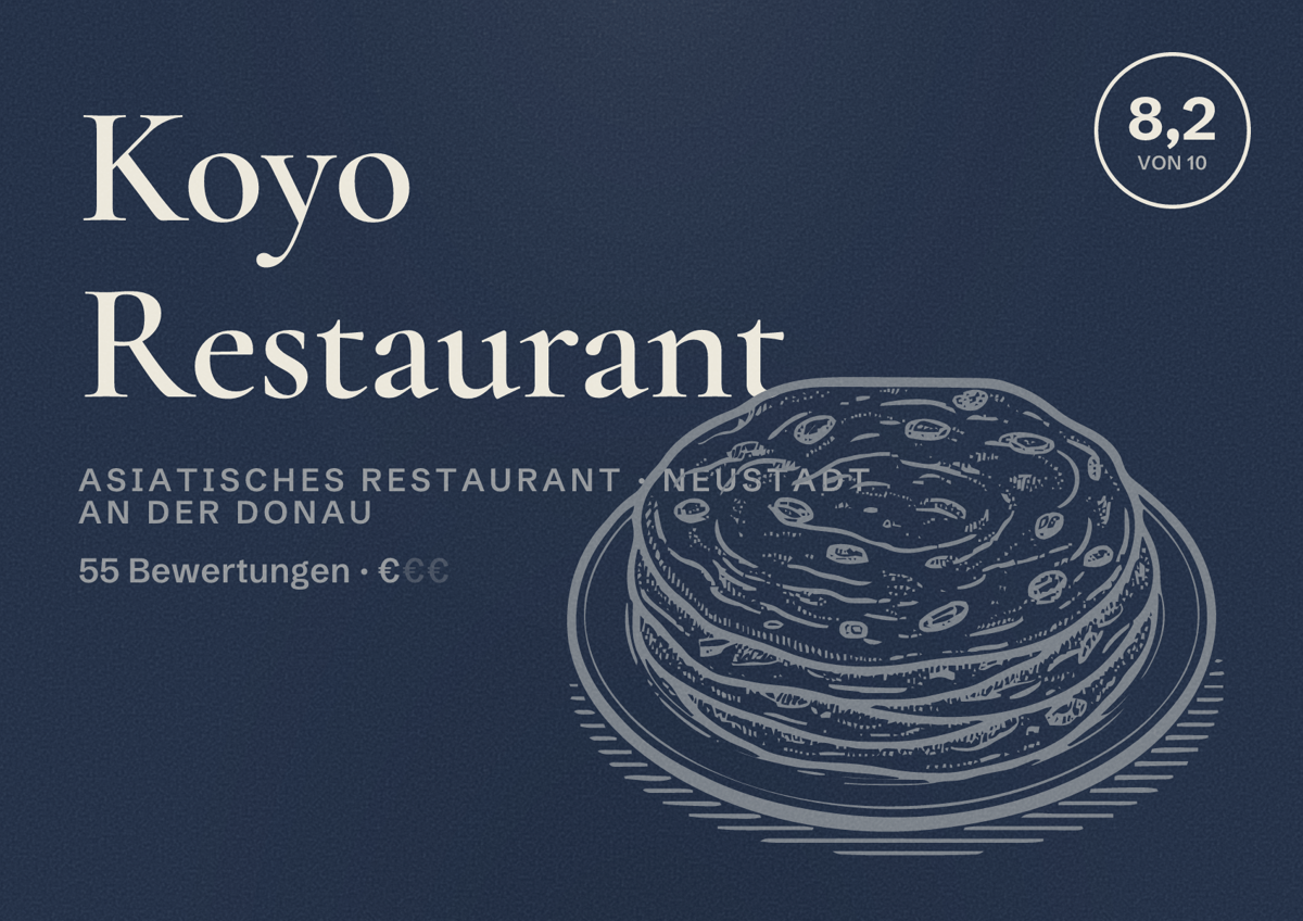 Illustriertes Poster von Koyo Restaurant, Asiatisches Restaurant in Neustadt an der Donau: Bewertung 8,2 von 10 aus 55 Bewertungen, Preisniveau €