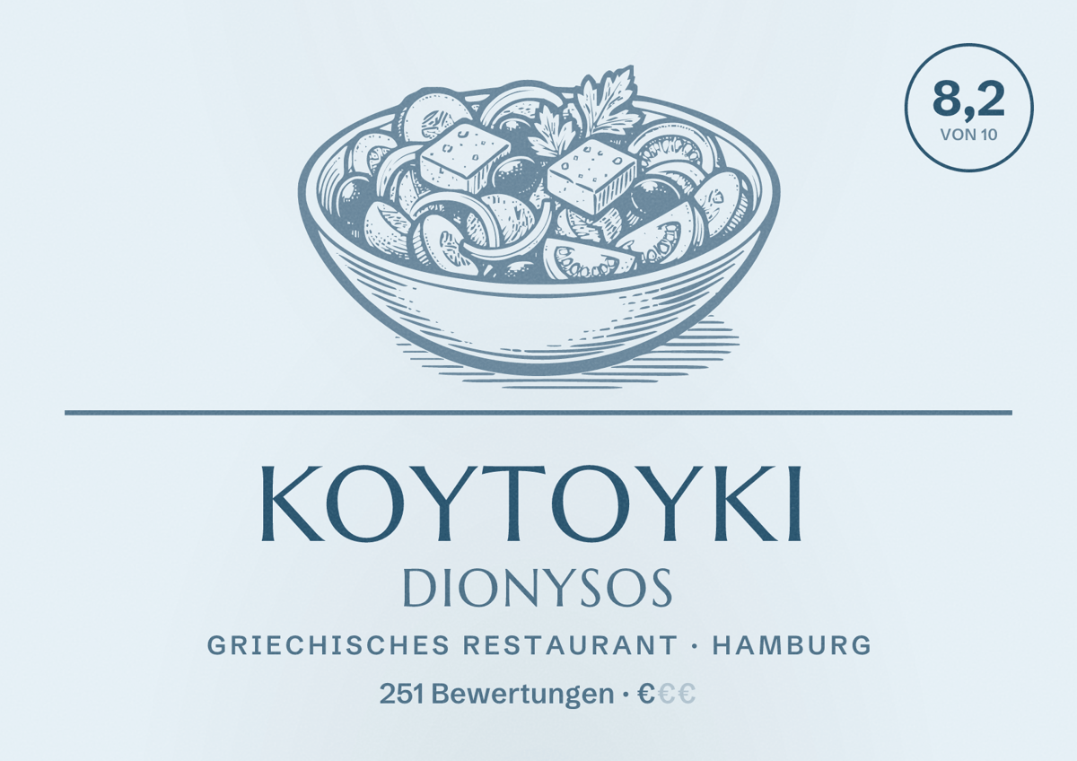 Illustriertes Poster von Koytoyki Dionysos, Griechisches Restaurant in Hamburg: Bewertung 8,2 von 10 aus 251 Bewertungen, Preisniveau €