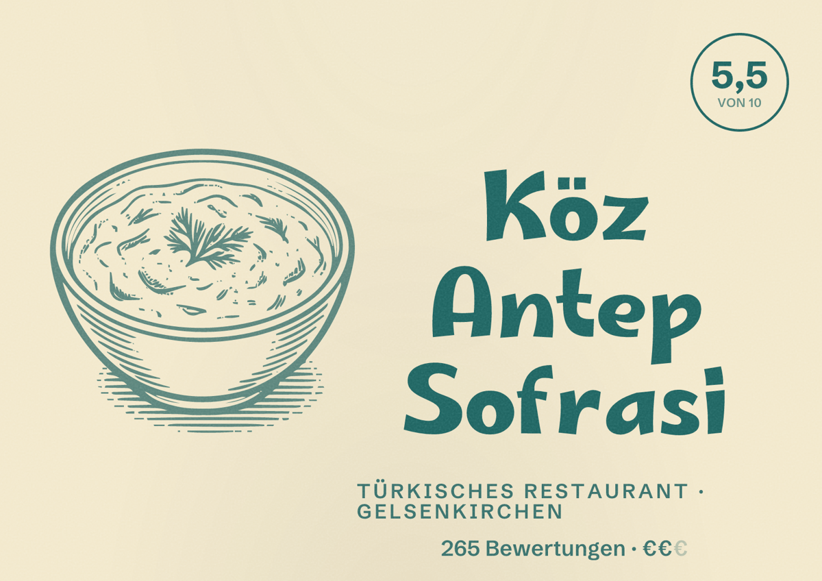 Illustriertes Poster von Köz Antep Sofrasi, Türkisches Restaurant in Gelsenkirchen: Bewertung 5,5 von 10 aus 265 Bewertungen, Preisniveau €€