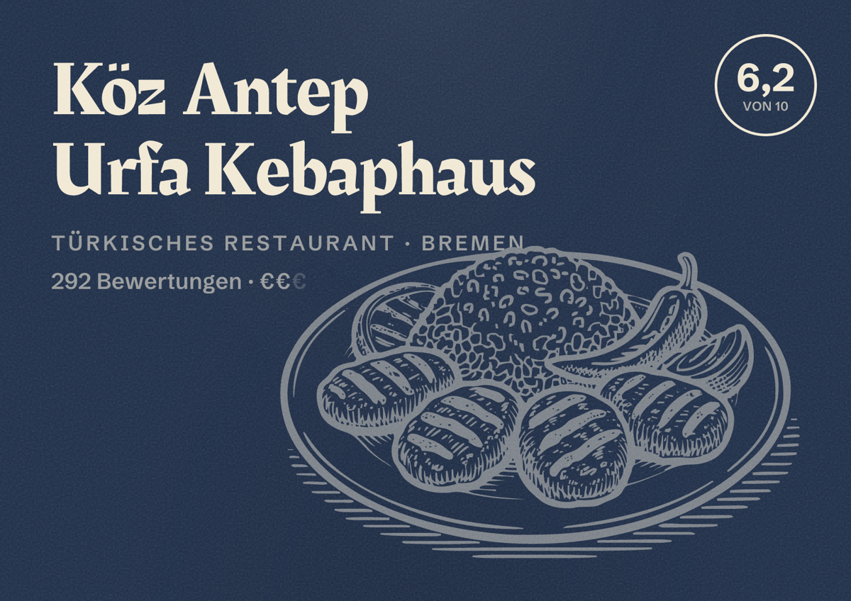 Illustriertes Poster von Köz Antep Urfa Kebaphaus, Türkisches Restaurant in Bremen: Bewertung 6,2 von 10 aus 292 Bewertungen, Preisniveau €€