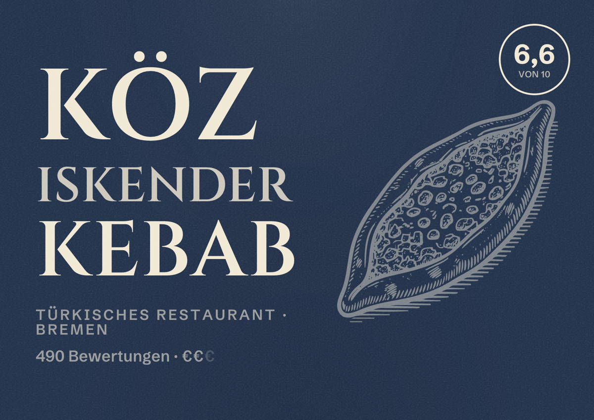 Illustriertes Poster von Köz Iskender Kebab, Türkisches Restaurant in Bremen: Bewertung 6,6 von 10 aus 490 Bewertungen, Preisniveau €€