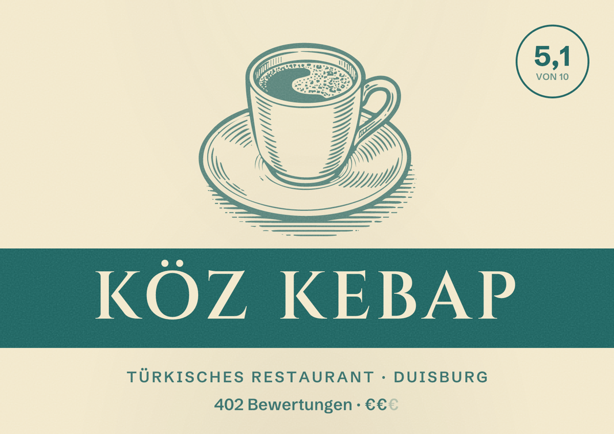 Illustriertes Poster von Köz Kebap, Türkisches Restaurant in Duisburg: Bewertung 5,1 von 10 aus 402 Bewertungen, Preisniveau €€