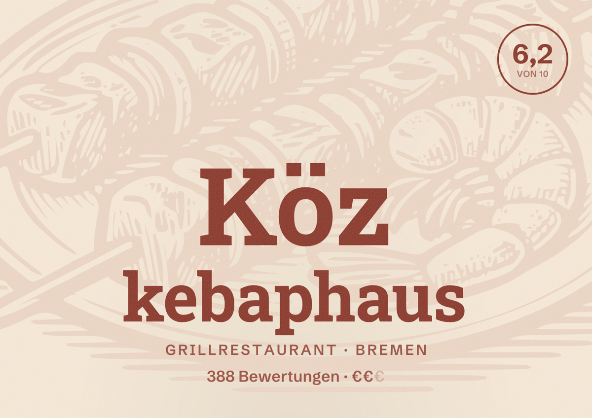 Illustriertes Poster von Köz kebaphaus, Grillrestaurant in Bremen: Bewertung 6,2 von 10 aus 388 Bewertungen, Preisniveau €€